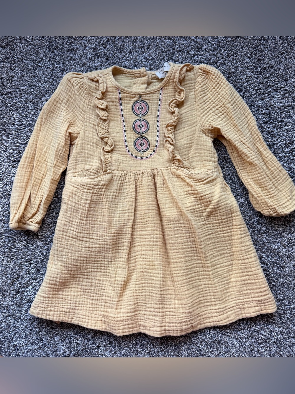 Jessica Simpson Pale Yellow Long-Sleeve Ruffle Dress with Embroidered Front